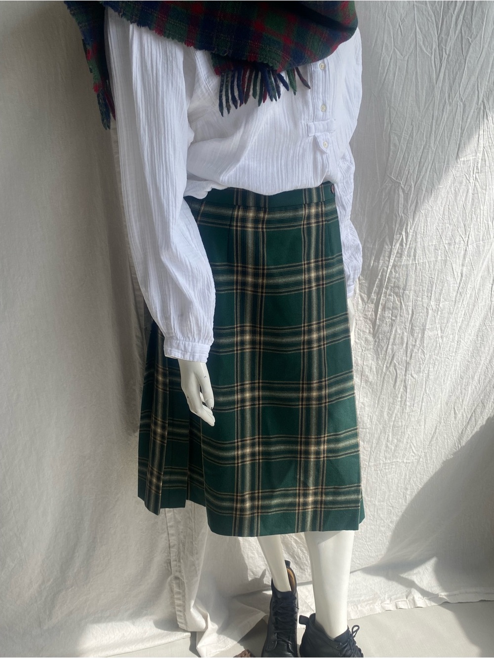 Vintage Green Plaid Virgin Wool Pleated Midi Skirt
